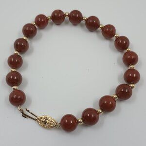 Vintage Red Jade 14K Yellow Gold Bead Bracelet.